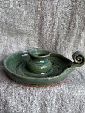 Source Unknown Green Glazed Ceramic Chamber Candle Holder